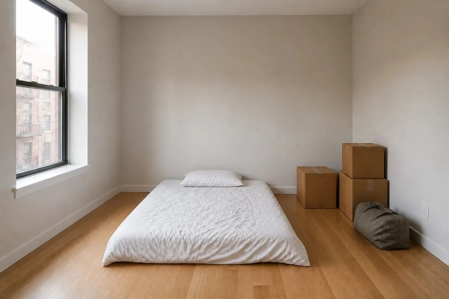An unfurnished bedroom photographed with the floor, two joining walls, windows, and walking path visible