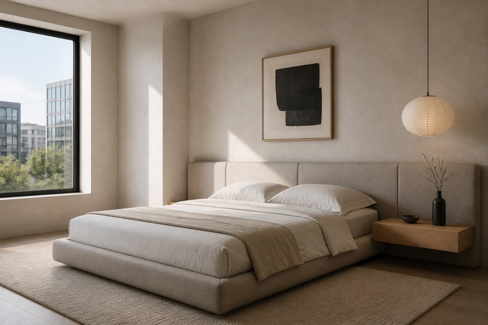 A modern minimal bedroom with an upholstered platform bed, floating nightstand, pendant lamp, and layered rug